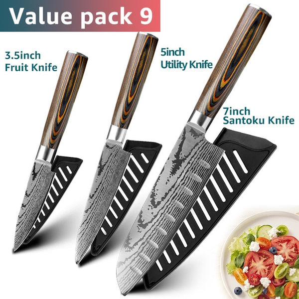 Kitchen knife Chef Knives Japanese 7CR17 440C High Carbon Stainless Steel Imitation Damascus Sanding Laser Knife