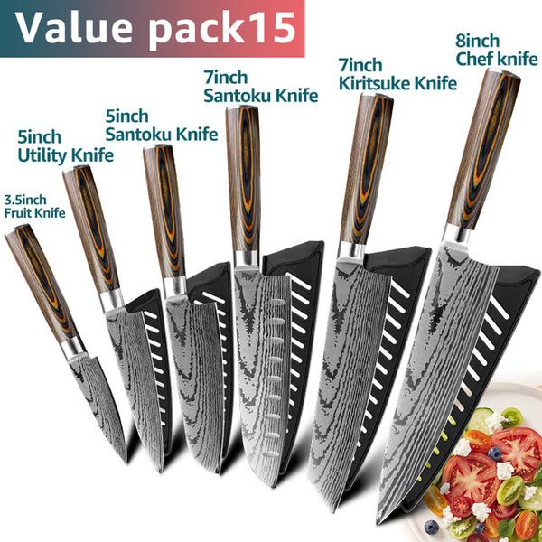 Kitchen knife Chef Knives Japanese 7CR17 440C High Carbon Stainless Steel Imitation Damascus Sanding Laser Knife