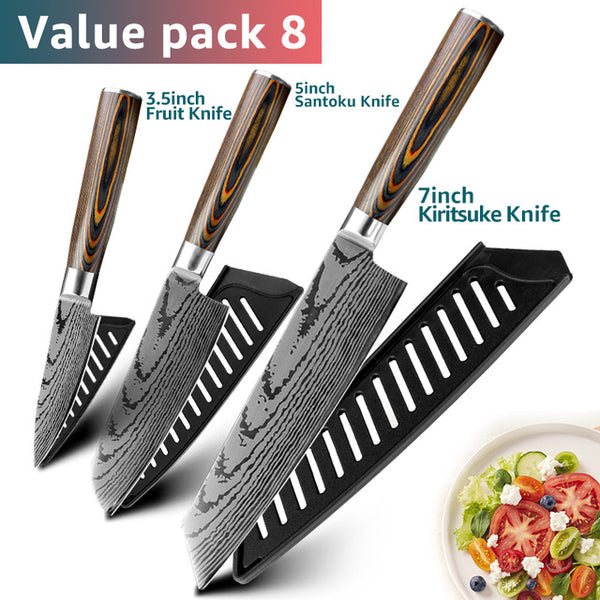 Kitchen knife Chef Knives Japanese 7CR17 440C High Carbon Stainless Steel Imitation Damascus Sanding Laser Knife