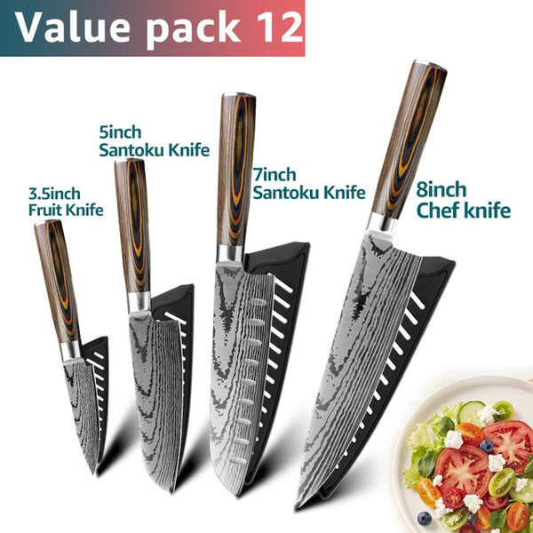 Kitchen knife Chef Knives Japanese 7CR17 440C High Carbon Stainless Steel Imitation Damascus Sanding Laser Knife