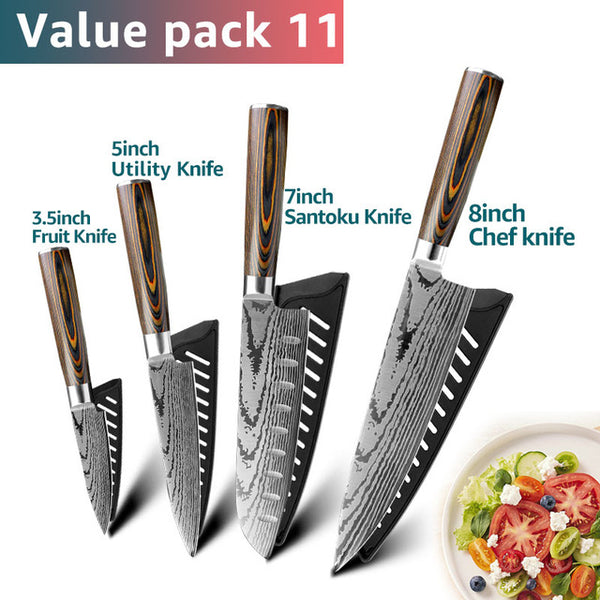 Kitchen knife Chef Knives Japanese 7CR17 440C High Carbon Stainless Steel Imitation Damascus Sanding Laser Knife